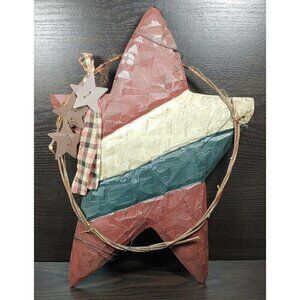 Rustic Vintage Wooden Star Wall Decor With Metal Stars & Plaid Ribbon Patriotic